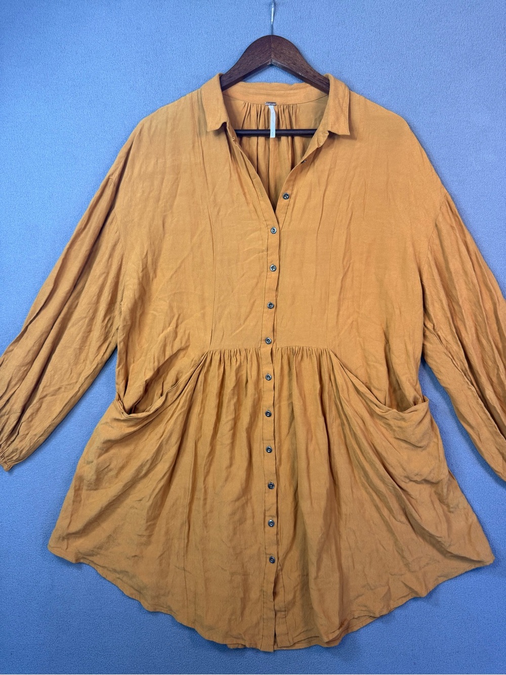 Free People Boho Mustard Yellow Gathered Waist Front Pocket Tunic Dress, S - Picture 2 of 14